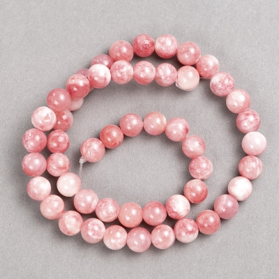 חרוזים ורודים ולבנים שקופים "Rhodochrosite" (חיקוי אקריליק) על חוט דיג כדור חלק, קוטר 8 מ"מ+-, אורך 40 ס"מ +-