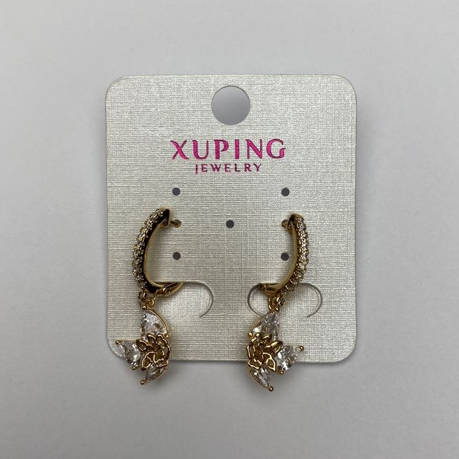 עגילים Xuping זהב מצופה 18K עם קריסטלים לבנים, קוטר 14×11 מ״מ, אורך 2.5 ס״מ