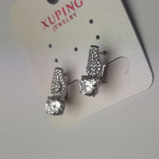 עגילים Xuping עם אבני זירקון לבנות ואבן קריסטל, קוטר 7 מ״מ, אורך 17 מ״מ, רודיום