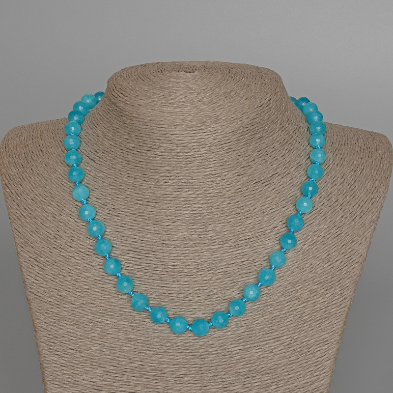 שרשרת אקוומרין טבעי, חרוזים חצובים בקוטר 8 מ״מ ±, אורך 47 ס״מ ±