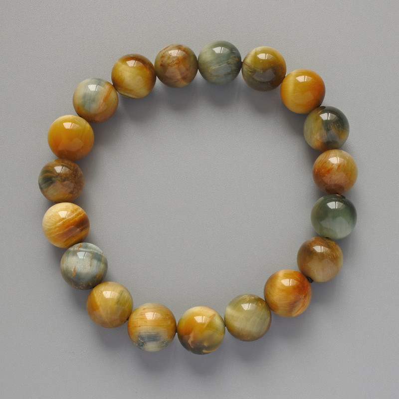 צמיד עין חתול צהוב-אפור מאבן טבעית, חרוז חלק, קוטר 10.5 מ״מ, אורך 18 ס״מ (+/-) (אלסטי)