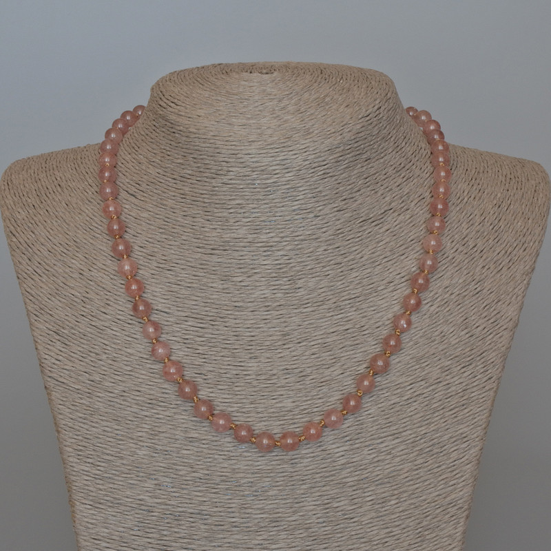 שרשרת קווארץ ורוד טבעי, חרוזים חלקים, קוטר 6,5 מ״מ, אורך 48 ס״מ