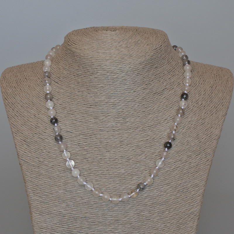 שרשרת חרוזי קווארץ רוטיל שערות טבעי — אבן חלקה כדורית, קוטר 6.5 מ״מ, אורך 48 ס״מ