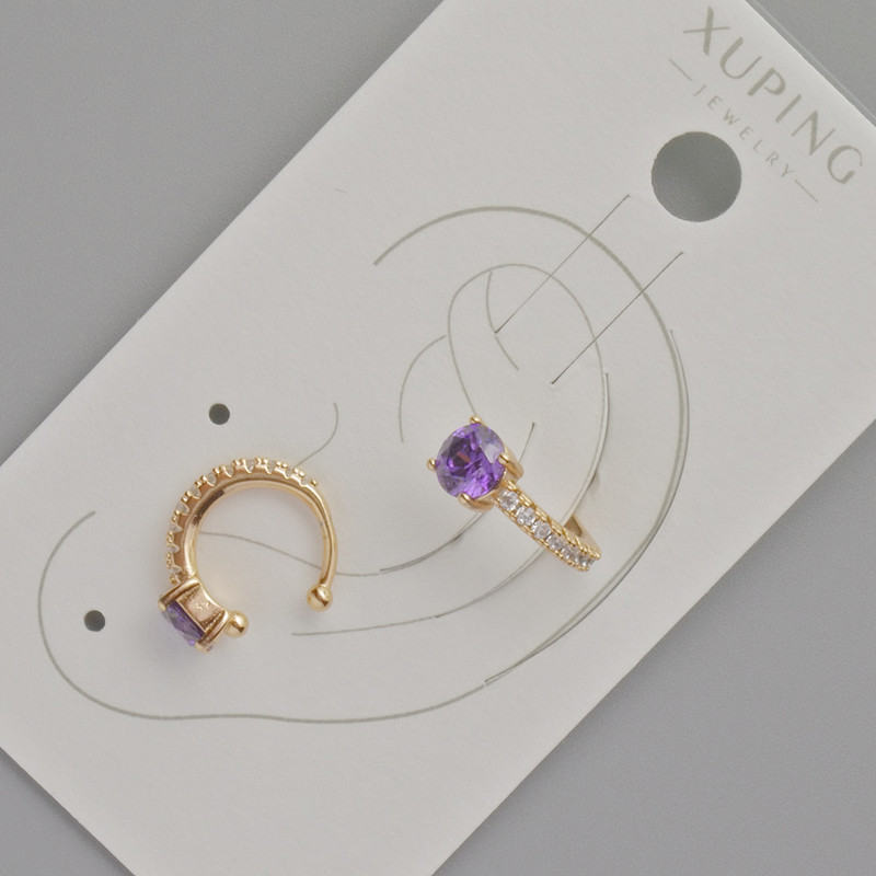 עגילי קאף Xuping עם קריסטל סגול וזרקונים לבנים, קוטר 13×5 מ״מ, ציפוי זהב 18K