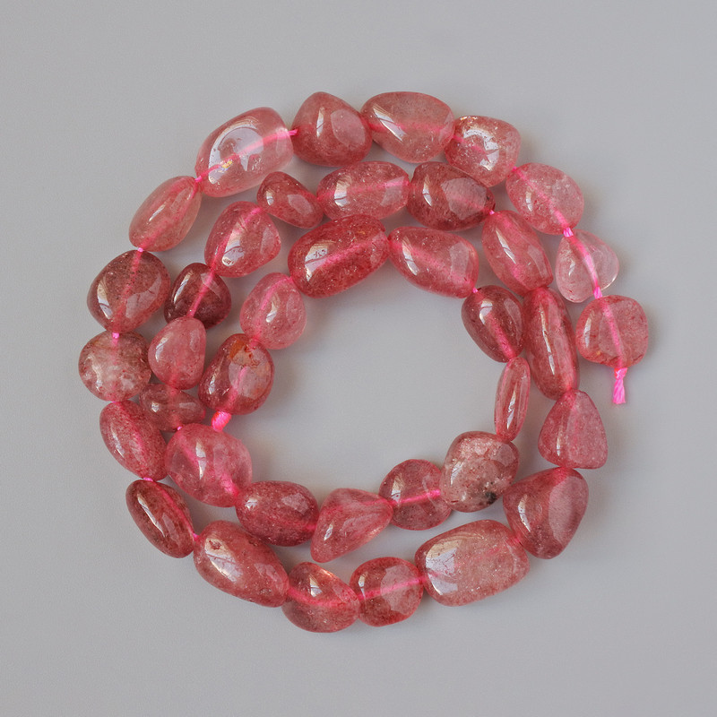 מחרוזות קוורץ תותי טבעי, אבן טבעית, חרוזים מלוטשים, קוטר 9×10 מ״מ ±, אורך 41 ס״מ ± על החוט