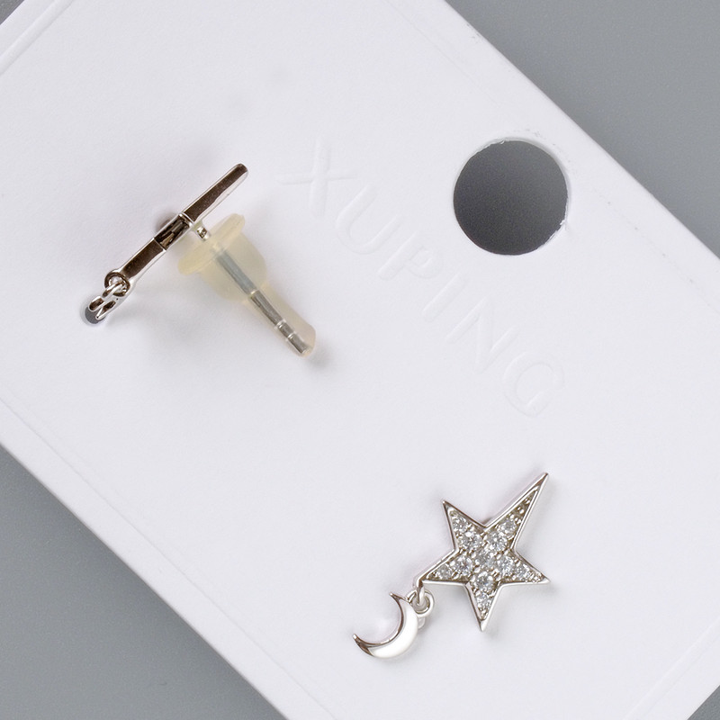 עגילים "כוכב ולירח" Xuping עם זרקוני לבנים, קוטר 12×9.5 מ״מ, אורך 18 מ״מ +- ללא סוגר, ורודיום