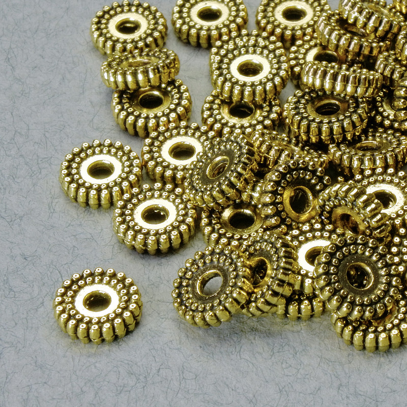 אביזרי חרוז-הכנסה, קוטר 2×7 מ"מ ±, חור קוטר 1.8 מ"מ, צבע מתכת זהוב, אריזה 36 יח' +