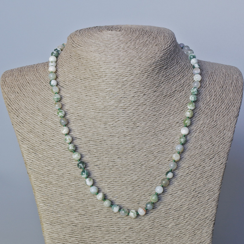 שרשרת אגט מוס טבעי, חרוזים חלקים בקוטר 6 מ"מ, אורך 45–49 ס"מ