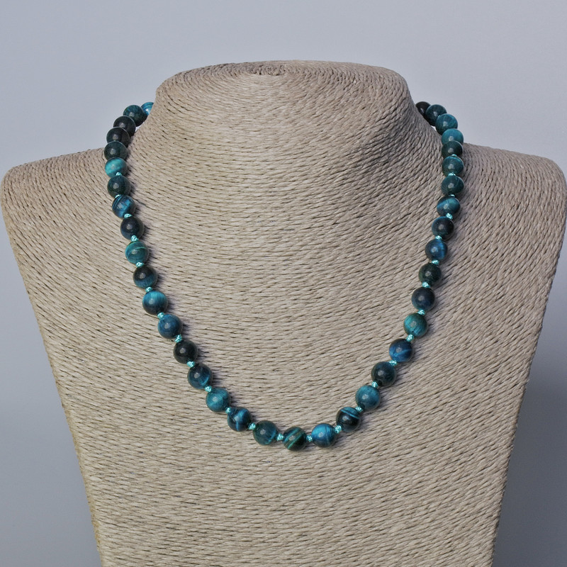 שרשרת פנינים «עין חתול כחול-אזורי» מאבן טבעית, כדור חלק, קוטר 8 מ״מ, אורך 45–48 ס״מ