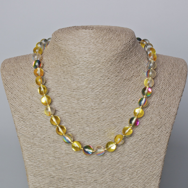 שרשרת חרוזי זכוכית אופלית צהובה שקופה – כדור חלק בקוטר 10 מ״מ ±, אורך 45–47 ס״מ ±