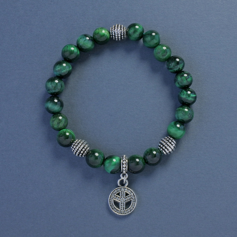 צמיד עין החתול — חרוז חלק, קוטר 8 מ״מ, אורך 18 ס״מ — אלסטי עם תליון «שלום»