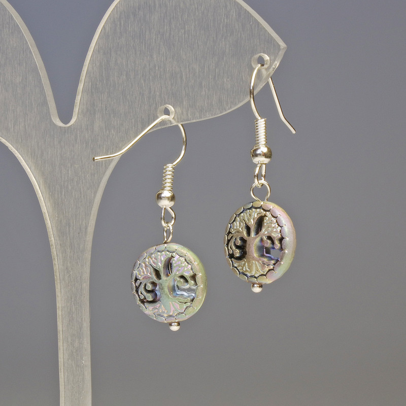 עגילי המטיט מעץ כחול כסוף, קוטר 12×4 מ"מ ±, אורך 3.2 ס"מ