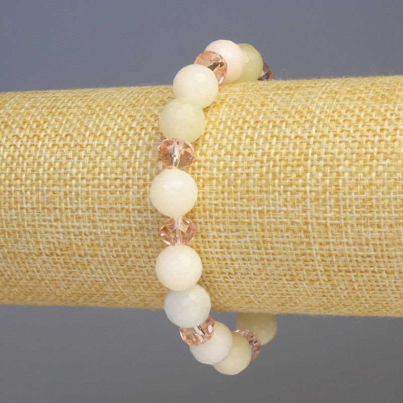 צמיד ממורגניט וזכוכית צ'כית – חרוז כדורי מחורץ ורונדל, קוטר 10 ו-8 מ״מ, אורך 18 ס״מ, אלסטי