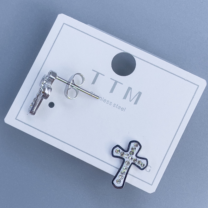 עגילי סטוד כדוריים Xuping בצורת צלב עם זירקונים לבנים, 12×9 מ״מ, ציפוי רודיום