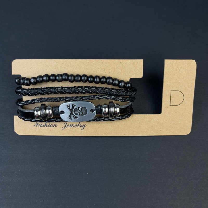 צמיד תלת-שכבות מעור אקולוגי עם תוספות מתכתיות בהידוק, אורך 18-24 ס"מ, שחור