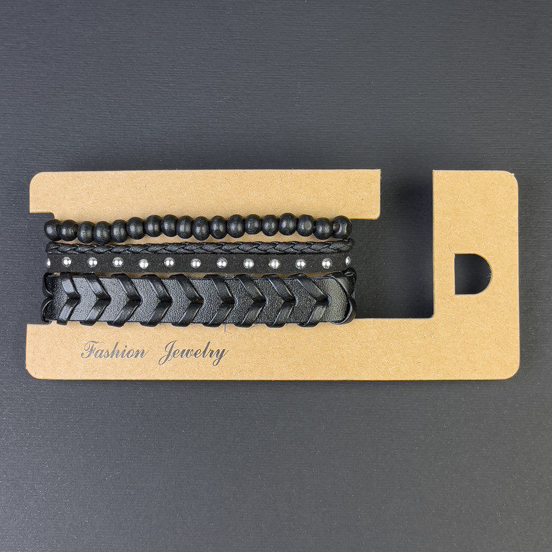 צמיד תלת-שורות מעור אקולוגי עם הידוק, אורך 18-24 ס"מ, שחור