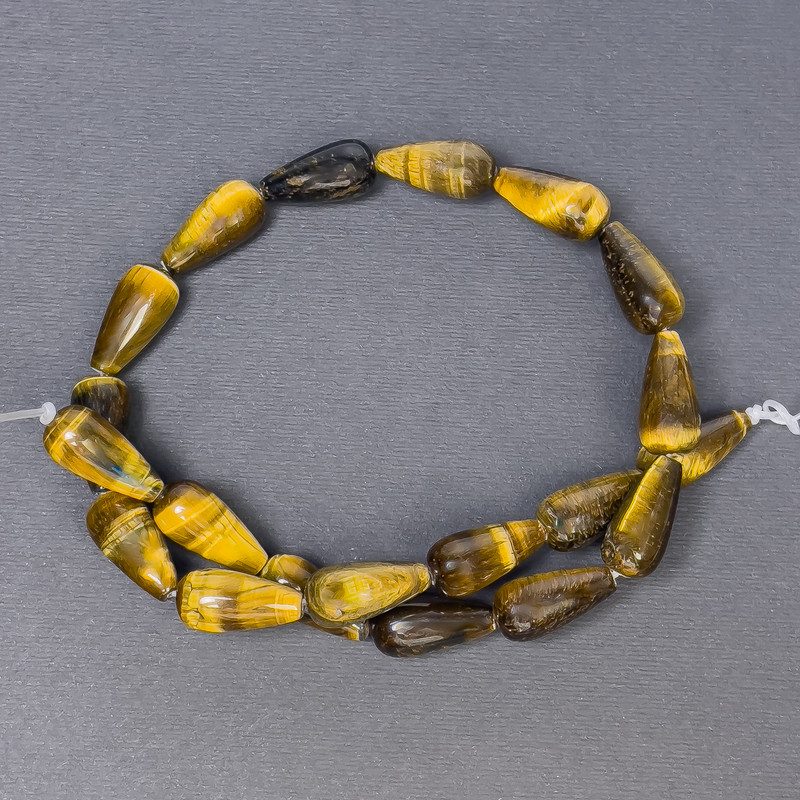 חרוזי עין הטייגר מאבן טבעית בצורת טיפה, קוטר 19x10+- פתח 1 מ"מ+-, אורך 42 ס"מ+