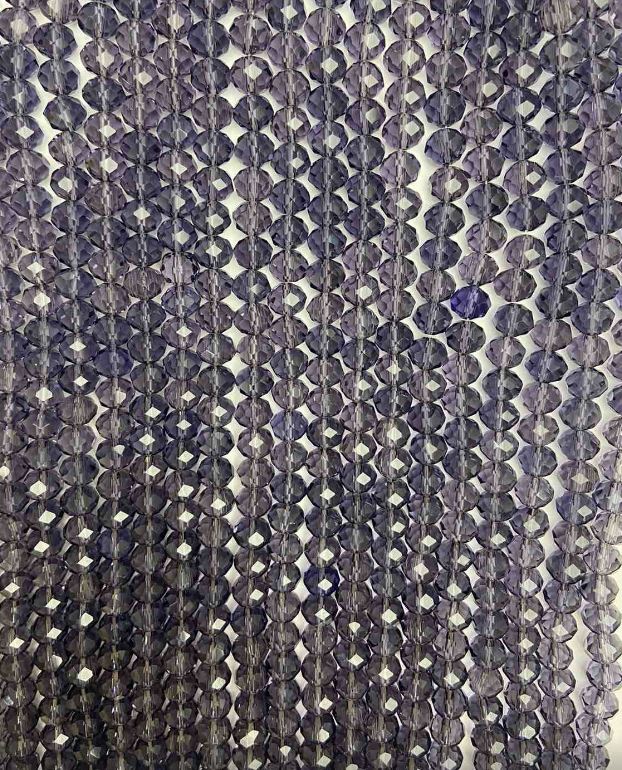 חרוזים מקריסטל צ'כי על חוט בצבע סגול שקוף, רונדל מחורץ, קוטר 8×6.5 מ״מ + -, אורך 40 ס״מ +