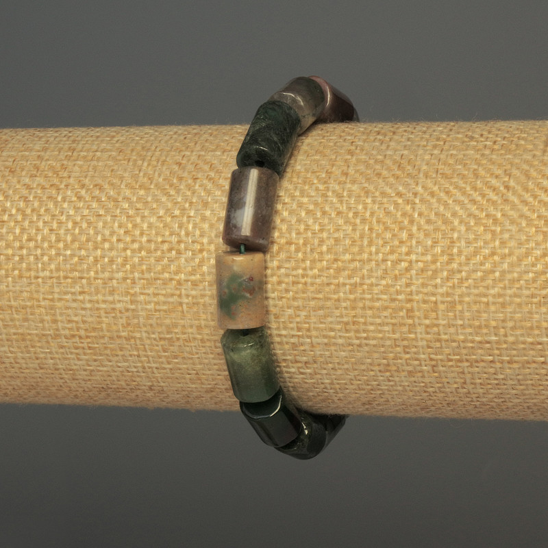 צמיד אגט מוס בצורת צינדר, קוטר 12×8 מ״מ ±, אורך 18 ס״מ ±, בסיס אלסטי