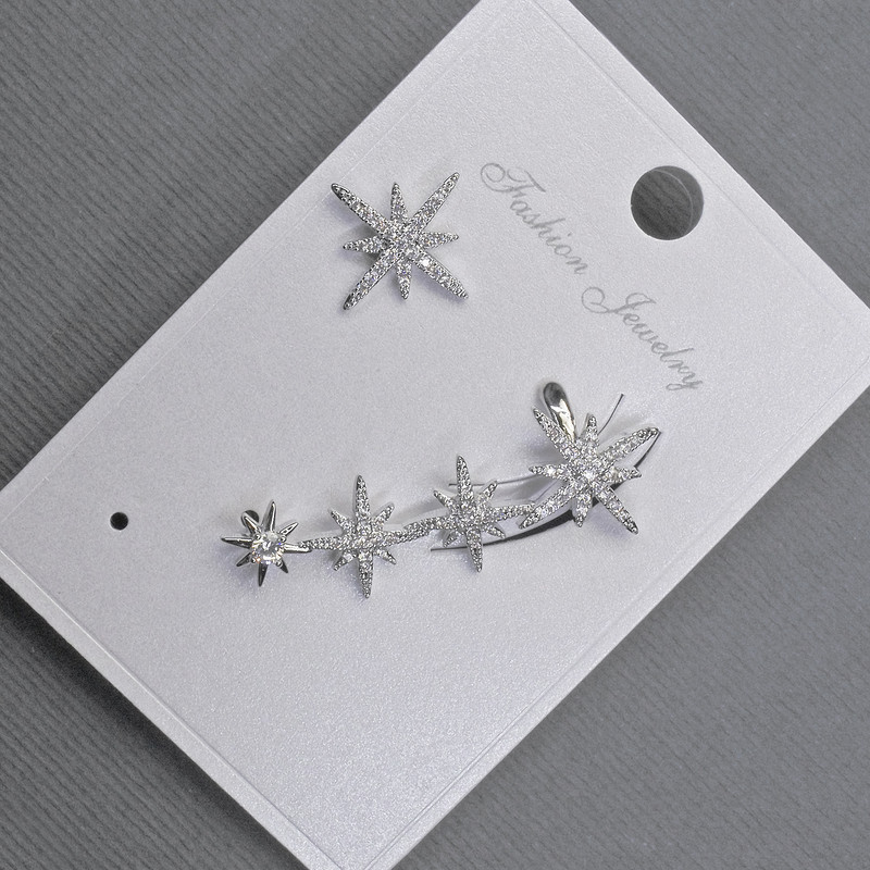 עגילי סטוד עם קאף על האוזן מתכת כסופה 13x37 מ״מ ± זרקונים לבנים