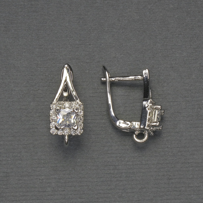 וו לעגילים עם אבני זרקונים לבנות, מתכת כסופה 17×7 מ״מ - זוג