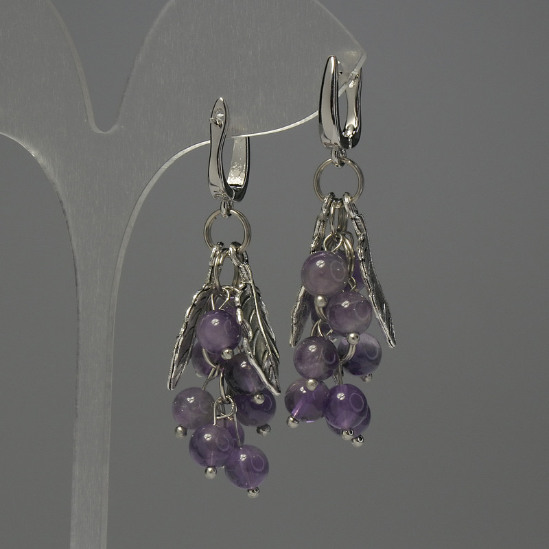 עגילי אשכול אמטיסט כדור 6 מ״מ+-, אורך 55 מ״מ+