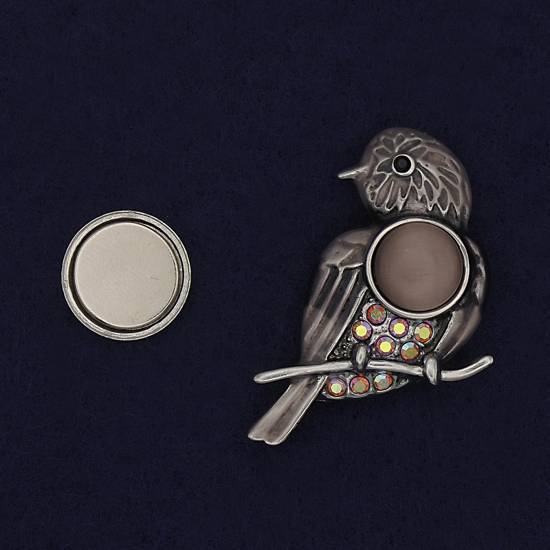 סיכת מגנט בצורת ציפור, אמייל, עין חתול, זרקונים, מתכת כסופה, 34×28 מ״מ+