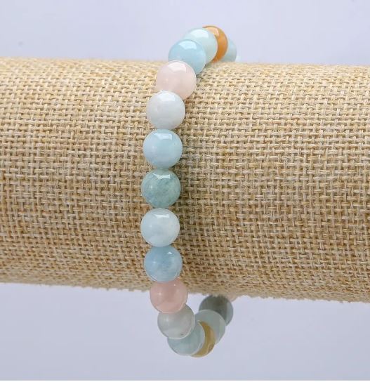 צמיד מורגנייט מאבן טבעית, כדור חלק בקוטר 8 מ״מ, אורך 18 ס״מ, אלסטי