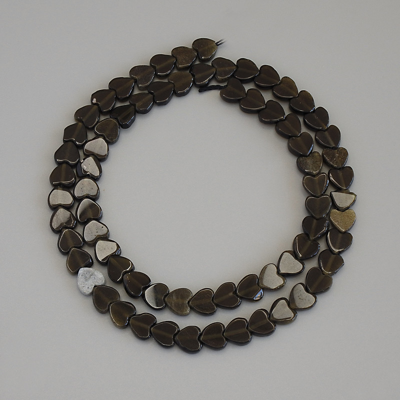 חרוזי אובסידיאן שמשי בצורת לב, קוטר 6×6×2 מ״מ ± על חוט, אורך 38 ס״מ+
