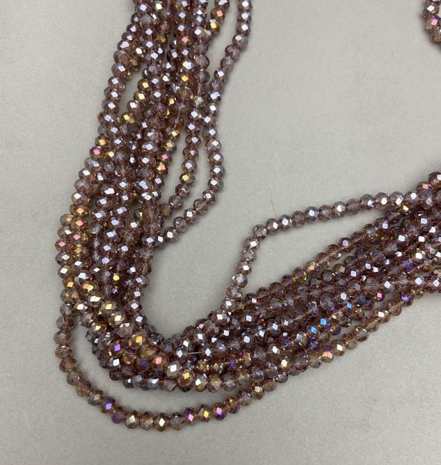 חרוזי קריסטל צ'כי על חוט חומים שקופים עם ציפוי בנזין — רונדל מגולף, קוטר 6×5 מ״מ, אורך 40–41 ס״מ +