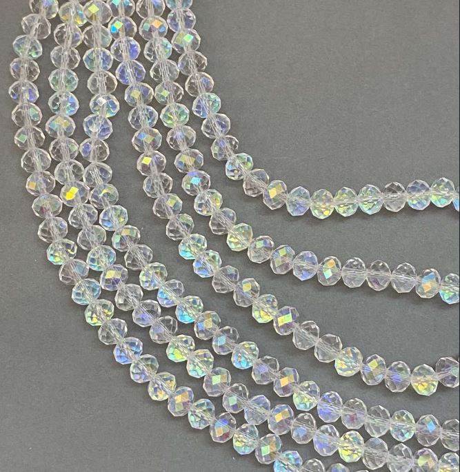 חרוזי קריסטל צ'כי לבנים על חוט שקוף עם ציפוי בנזין מבריק, חרוזי רונדל מחוספים, בקוטר 8×6 מ״מ, אורך 39 ס״מ