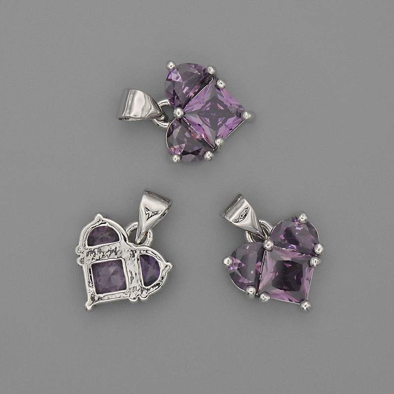 תליון לב עם קריסטלים סגולים 12×12 מ״מ ±, אורך 17 מ״מ ±, מתכת כסופה