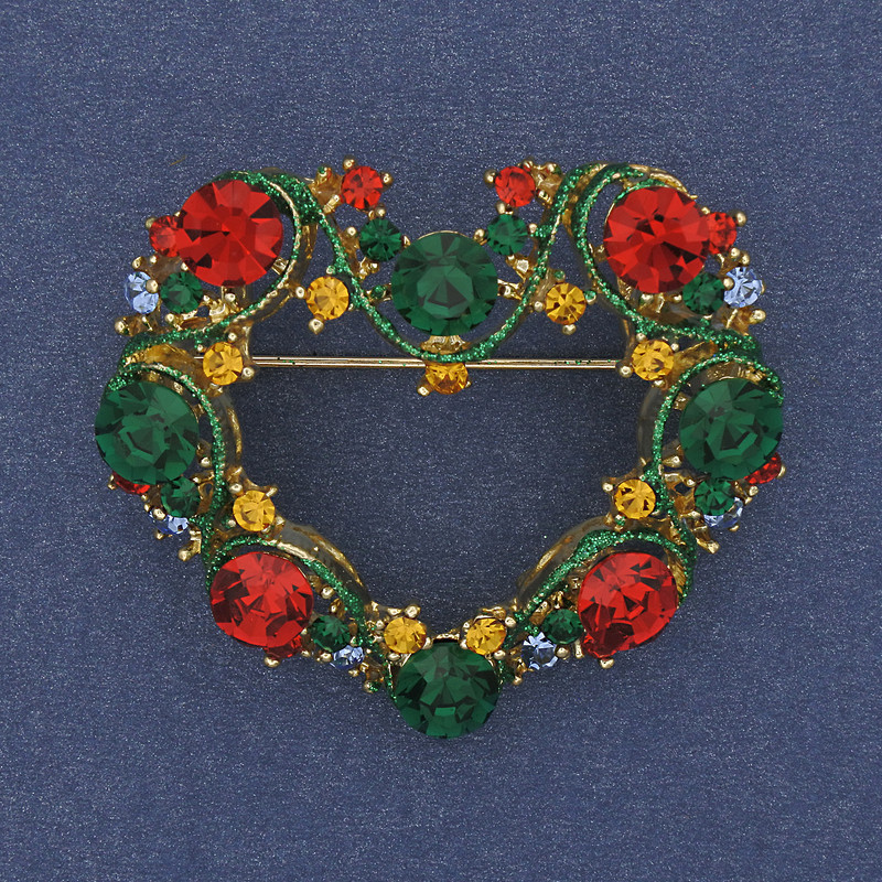 סיכת-תליון לב אמייל עם קריסטלים, מתכת זהובה 40×35 מ"מ