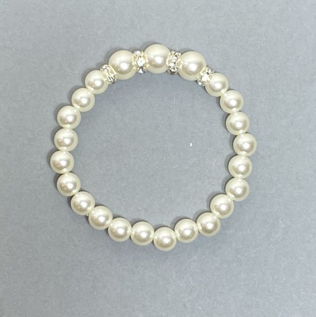 צמיד לבן מאיוריקה אקרילי, קוטר 8–10 מ״מ, תוספות של זרקונים, אורך 18 ס״מ, סטרץ'