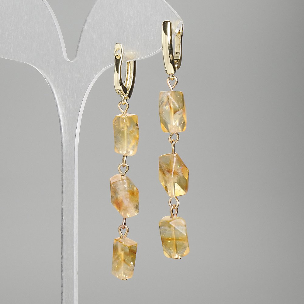 עגילים מציטרין בצורות פוליגוניות 10–12×8 מ״מ, אורך 66 מ״מ