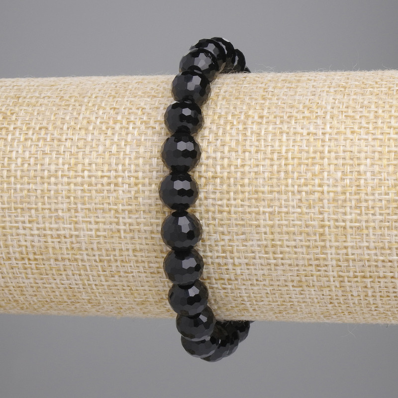 צמיד אגט שחור מזכוכית צ'כית 8 מ״מ, חרוזי כדור חתוכים, אורך 18 ס״מ, גמיש