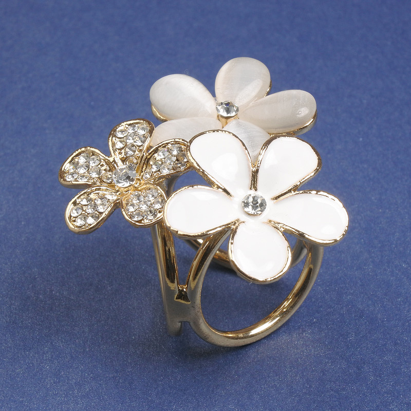 סיכה-צמד לצעיפים ולמטפחות, סטרזים לבנים ואמייל בצבע «עין חתול», 35 מ״מ ±, מתכת מוזהבת, קליפס, קוטר 22 מ״מ+