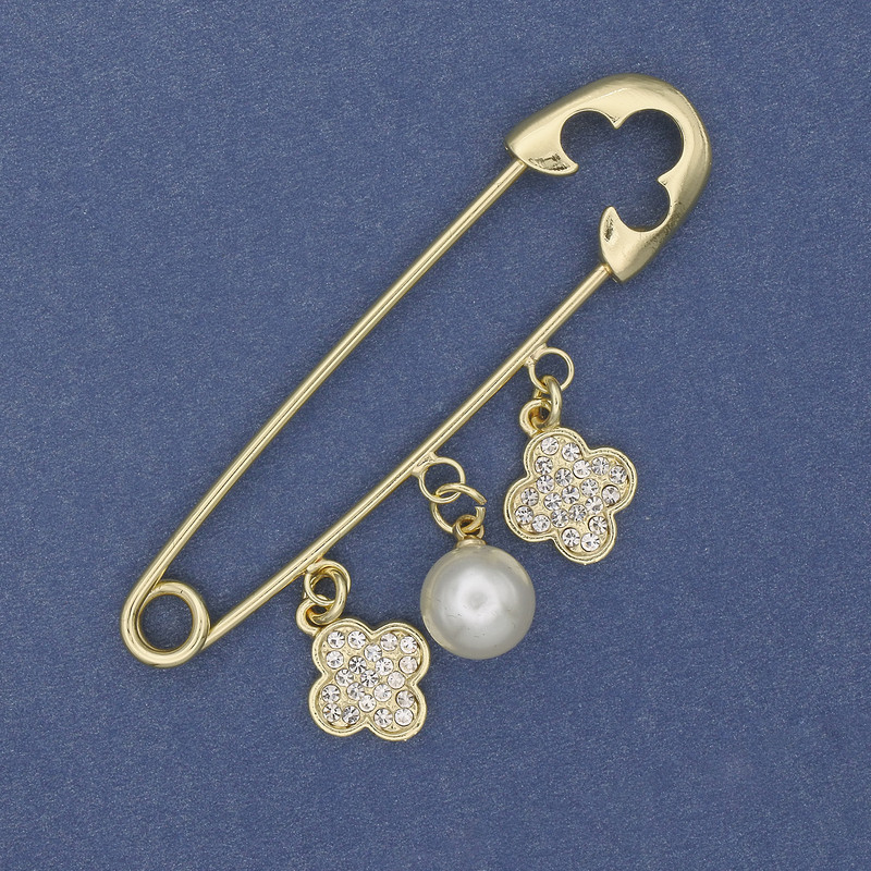 סיכה-פין עם תליות: פנינה ותלתן 68×17 מ״מ ±, מתכת זהובה