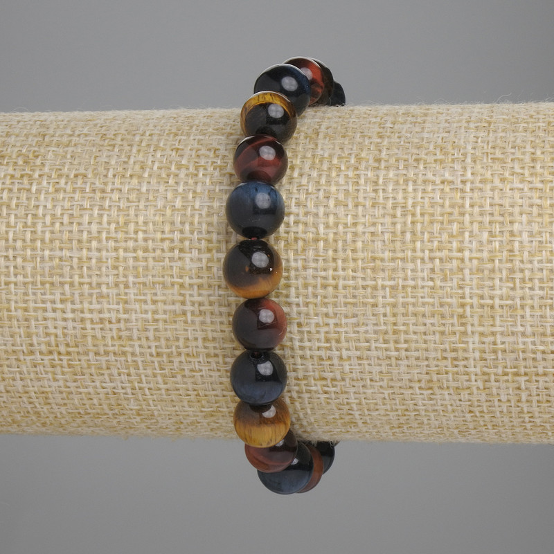 צמיד עם עיני שור, עין הטייגר ועין בז, חרוזים חלקים, קוטר 8 mm, אורך 18 cm, אלסטי