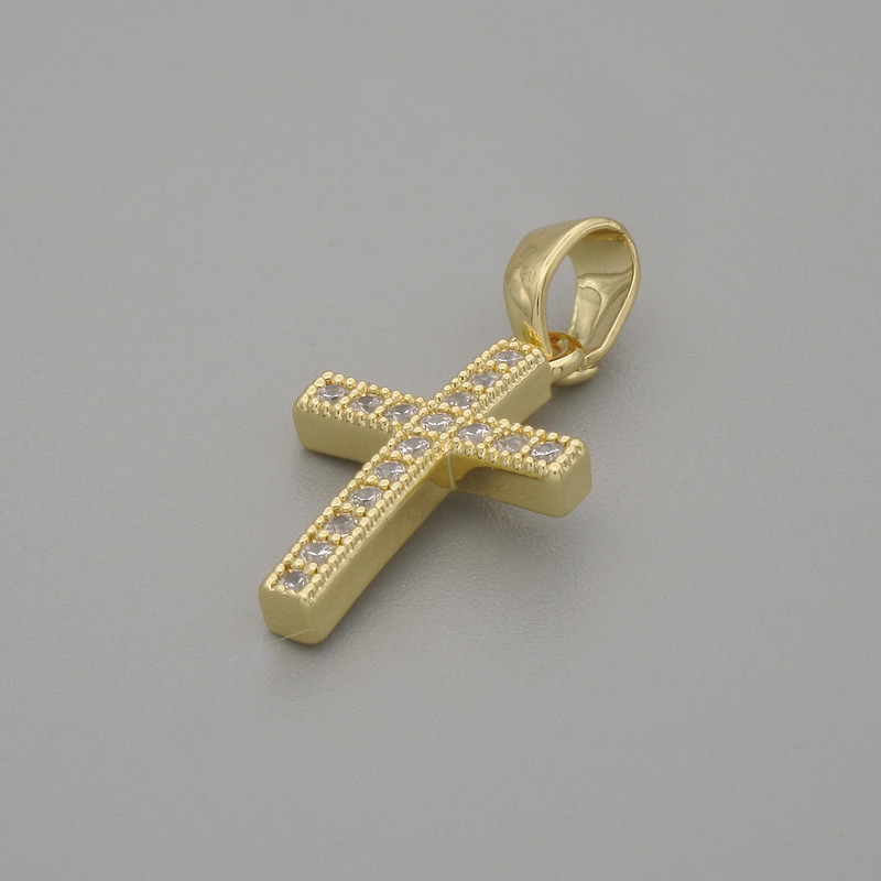 תליון צלב עם זרקונים לבנים, מתכת זהובה, קוטר 16×10 מ״מ, אורך 20 מ״מ ±