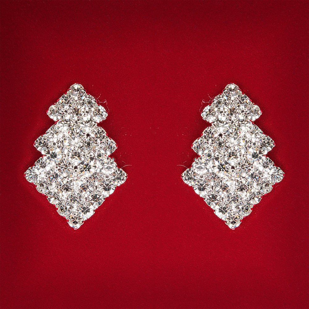 (27x18 מ״מ) עגילים לנשים לבנים עם זרקונים מתכת בהירה, חתונות ולאירועי ערב, עגילי סטוד בצורת עץ חג המולד בגודל בינוני