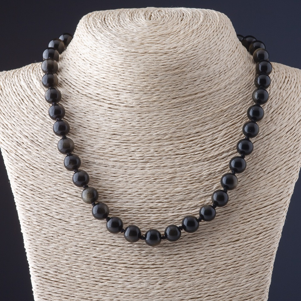 שרשרת מאובסידיאן שמשי – כדור חלק, קוטר 10 מ״מ, אורך 45 ס״מ