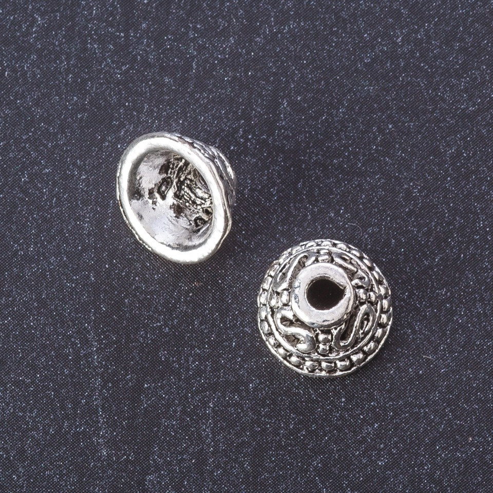 אביזרי תכשיטים: קצה בצבע מתכת 'כסף', קוטר 11 מ״מ, d2-7 מ״מ, d3.5 מ״מ, אריזה 20 גרם +/-10 (+ -) יחידות