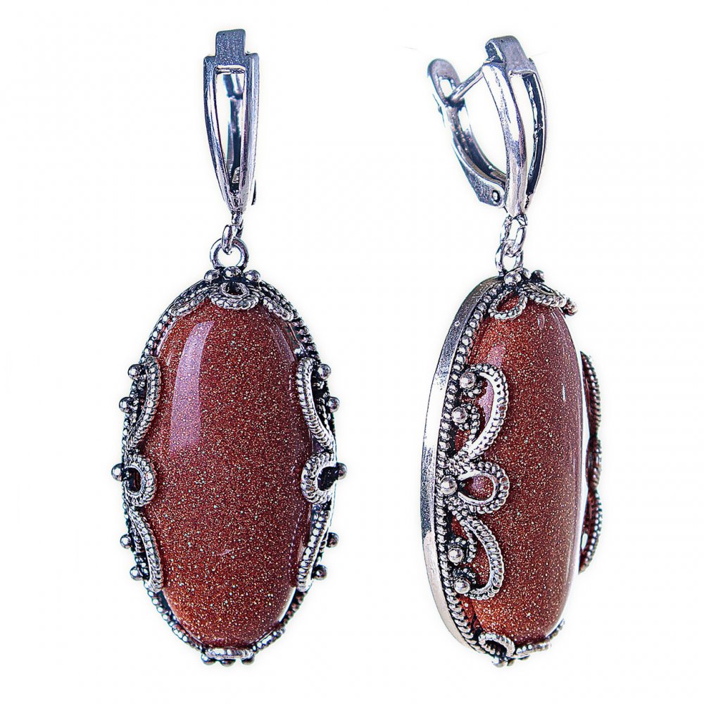 עגילים בהנחה מאוואנטורין «זהב חול» במסגרת פיליגרן אבן מלבנית 3×1.7 ס״מ, אורך 5 ס״מ