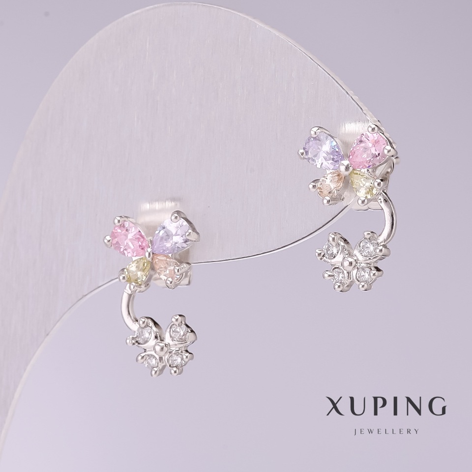 עגילים Xuping «פרפרים» עם אבני צבעוניות 15×9 מ״מ ציפוי רודיום