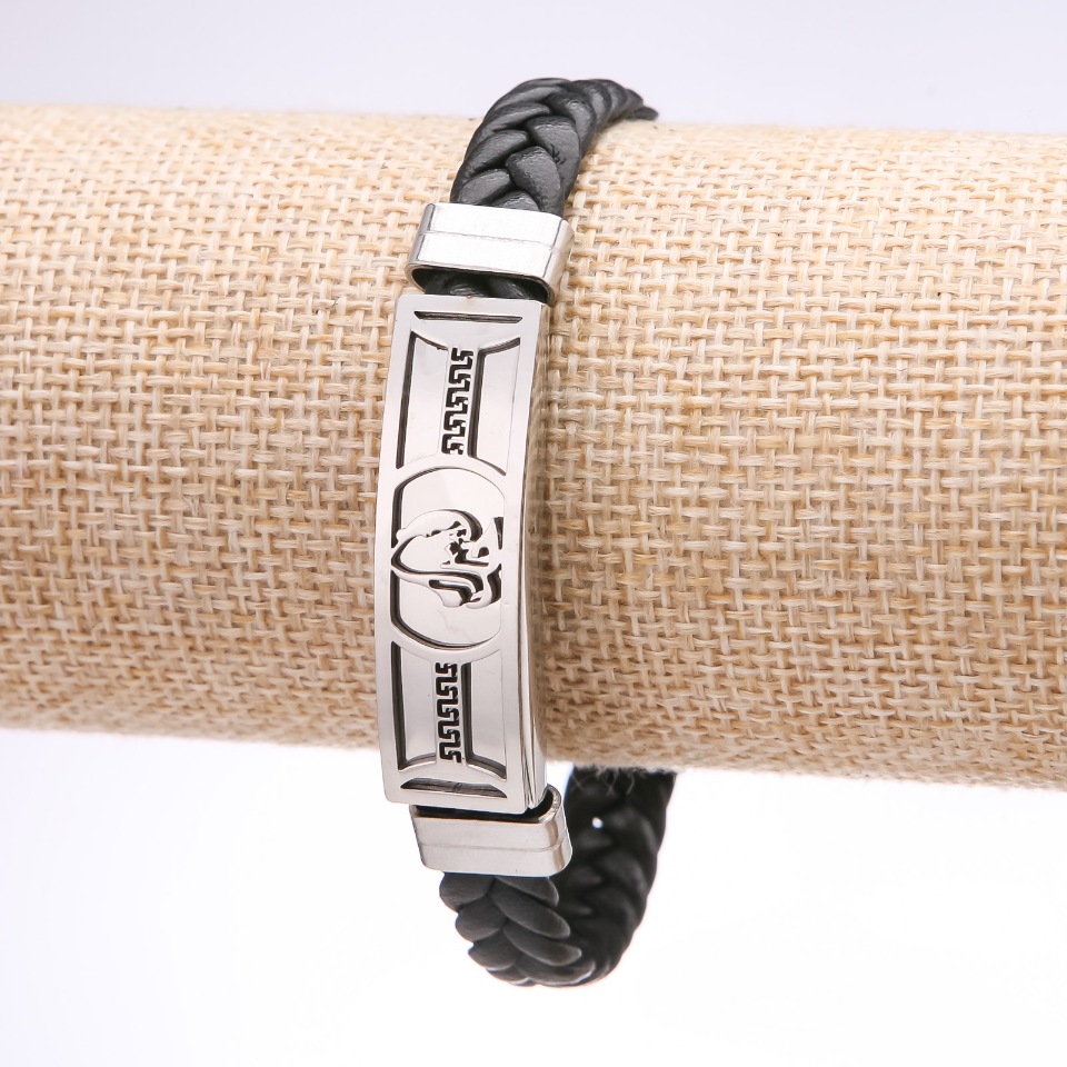 צמיד אוניסקס עם עיטור יווני עור אקולוגי צמה צפופה פס פלדה, עובי 12 מ״מ, אורך 20 ס״מ