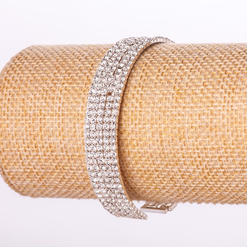 צמיד משובץ באבני זרקון, חמש שורות, מתכת לבנה, סוגר