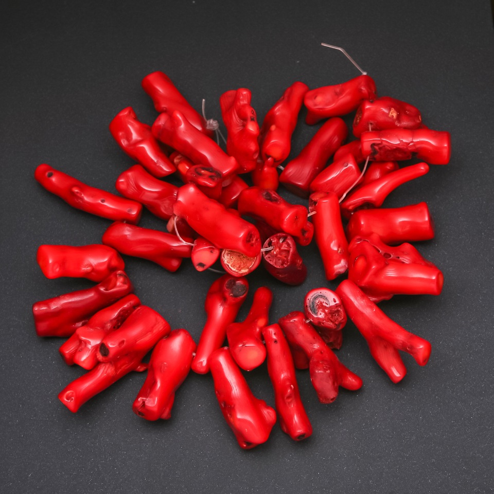 חרוזי אלמוג אדומים בצורת ענף, קוטר 10×40 מ״מ (מחיר ל-100 גרם)