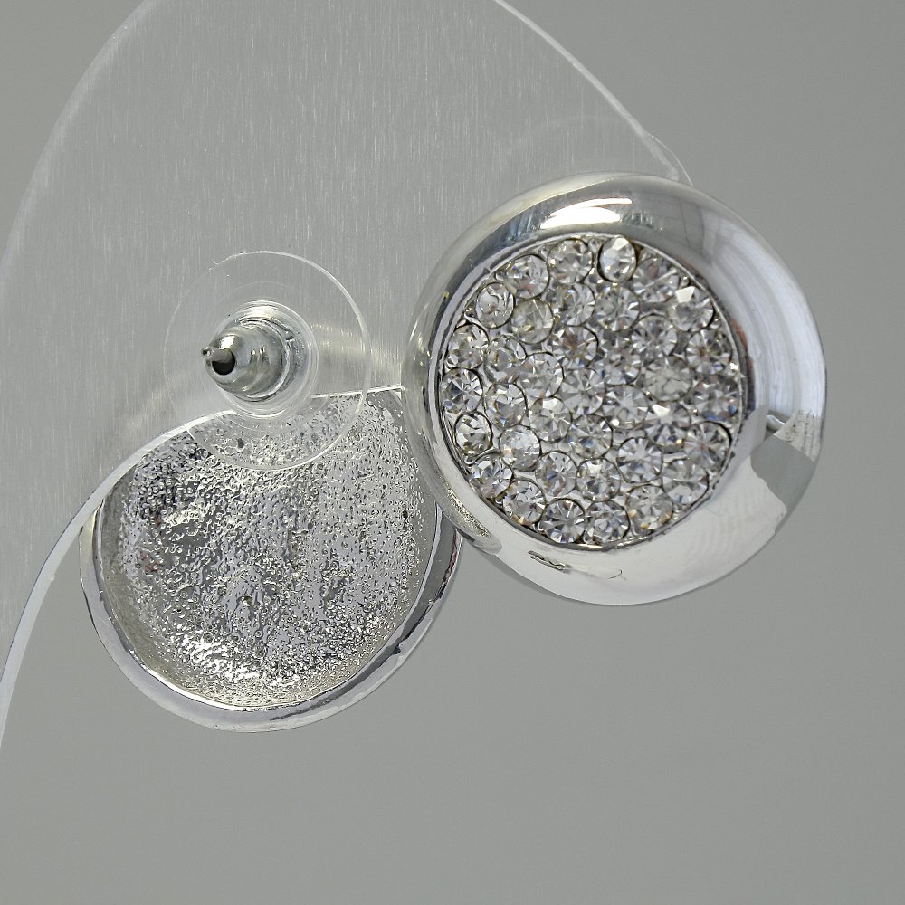 עגילים צמודים «מעגל», סטרזים לבנים, מתכת בציפוי כסף, 2 ס"מ