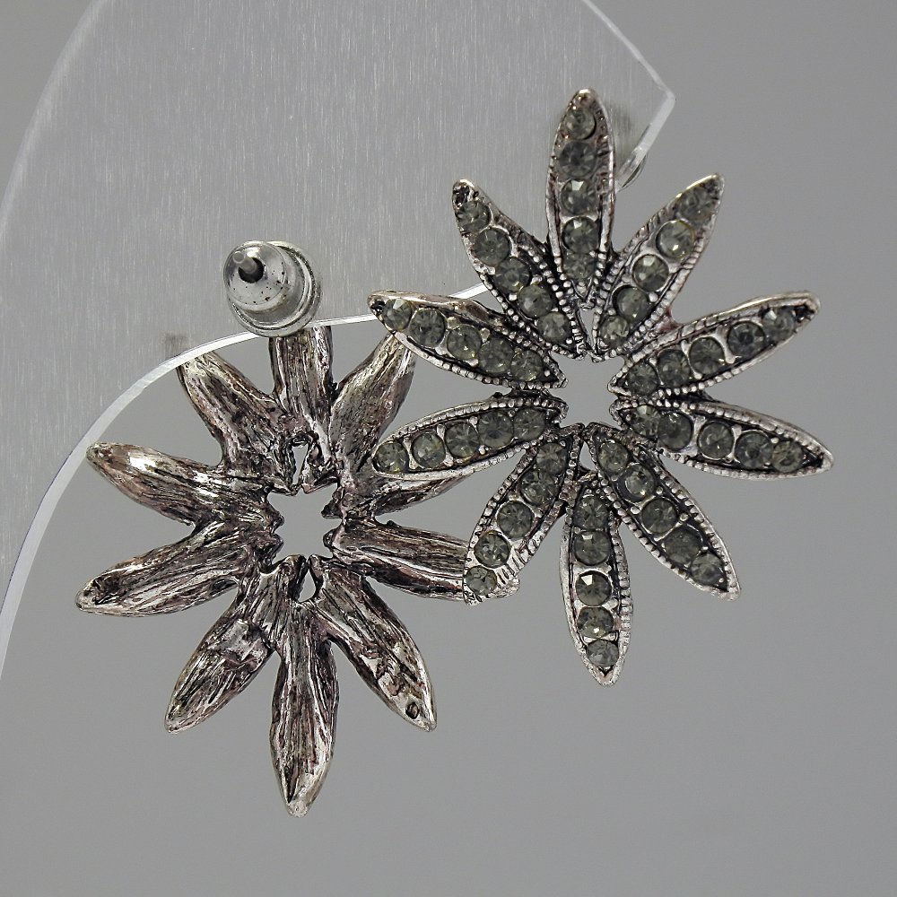 עגילי סטוד 'פרח', קריסטלים בהירים, מתכת בצבע כסף, 30 מ״מ